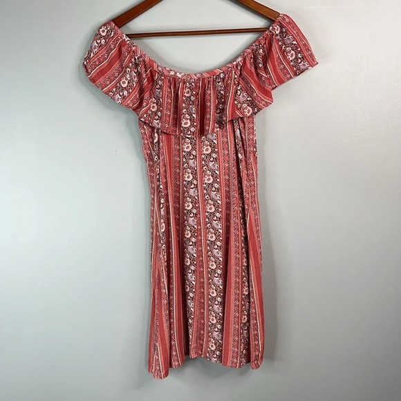 AMERICAN EAGLE Ruffled Off The Shoulder Dress Rusty Pink Fit & Flare Buttoned S - Picture 6 of 11